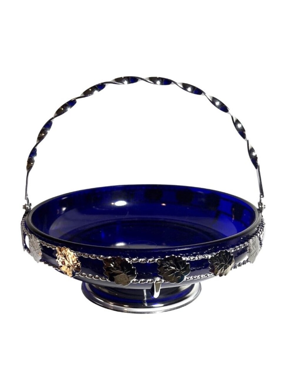 Vintage Cobalt Blue Glass Bowl Silver Plated Leaf Accents Twisted Handle 7.5"